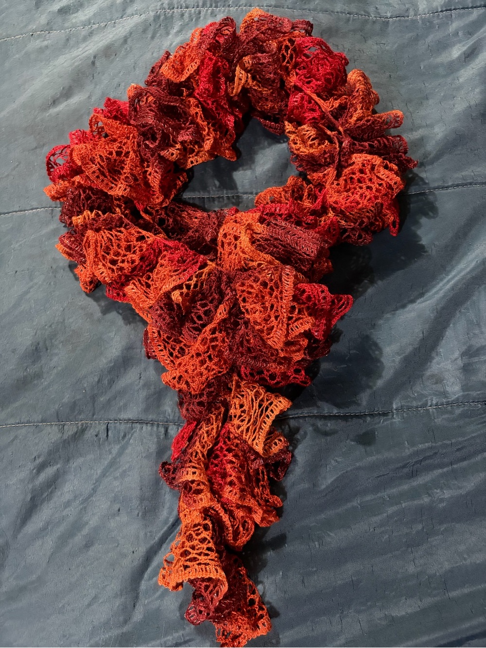 Ruffled Crochet Scarf in Red and Orange